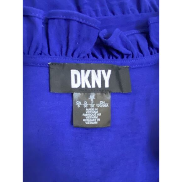 DKNY Tie Neck Dress Berry Blue Mini Short Sleeve Ruffled Tiered 6 S - Picture 7 of 8